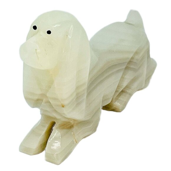 Hand Carved Onyx Corgi Dog Lucid Vintage Handmade Statue Stone Marbled Cream - Picture 3 of 9